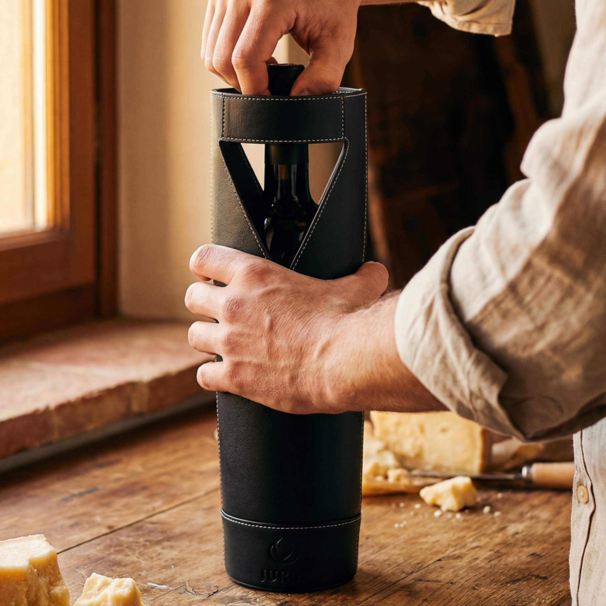 A person places a wine bottle into a black leather wine carrier on a wooden table, with pieces of cheese nearby, making it the perfect setup for a picnic or an elegant wine gift bag presentation.