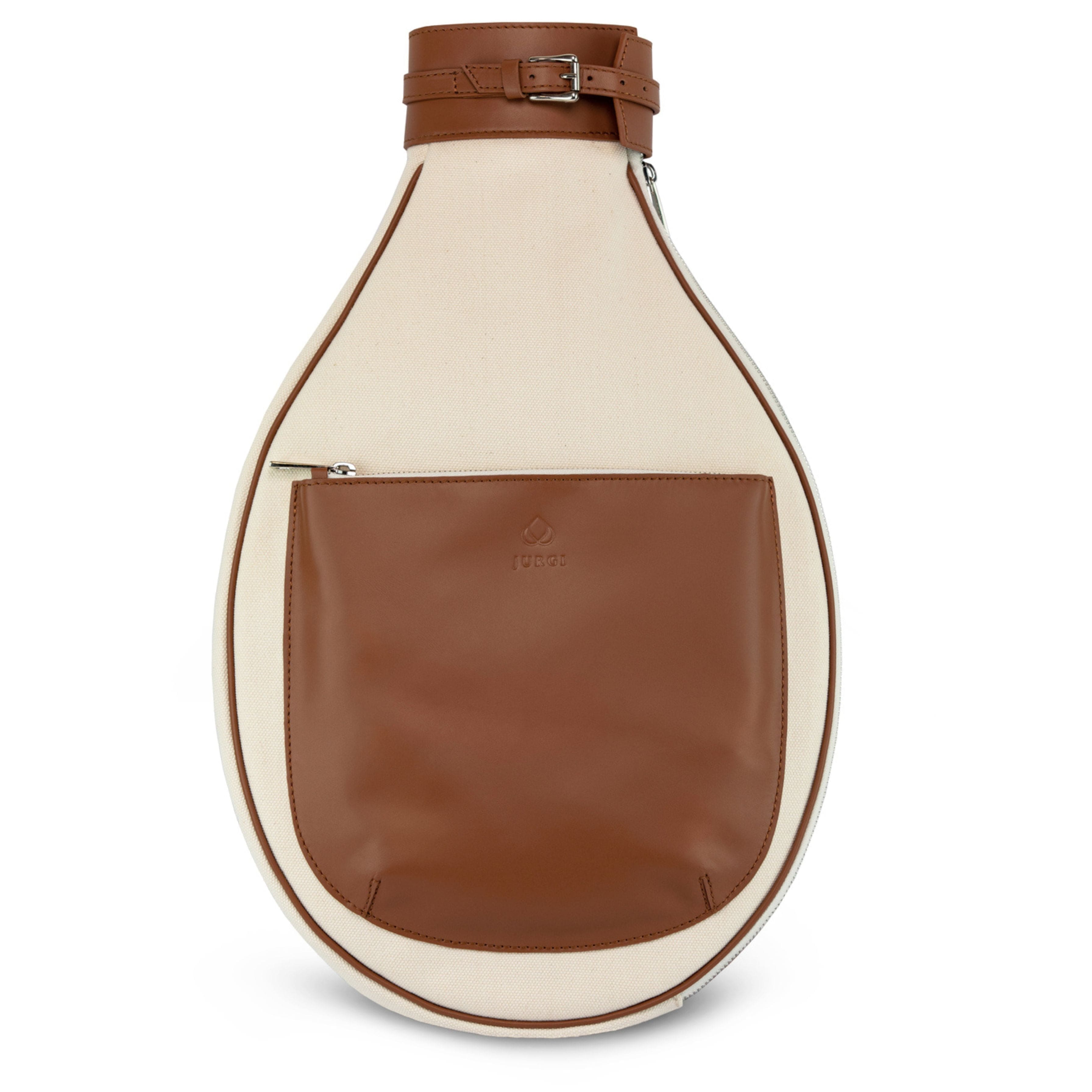 Brown and beige saddle bag on a white background