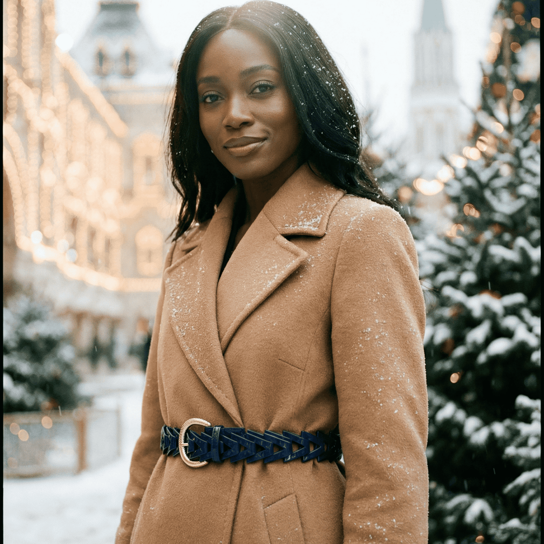 african american woman and navy belt in winter