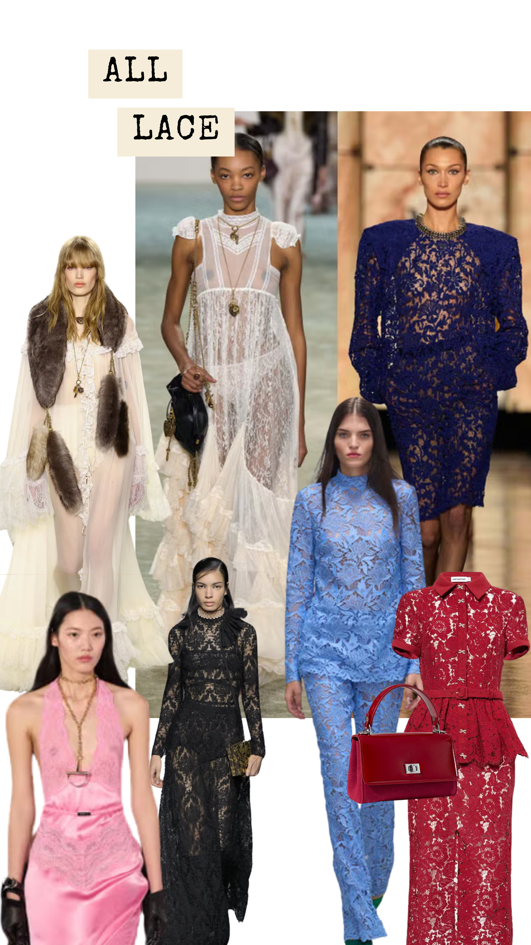 Collage of women wearing various lace outfits with a focus on fashion.