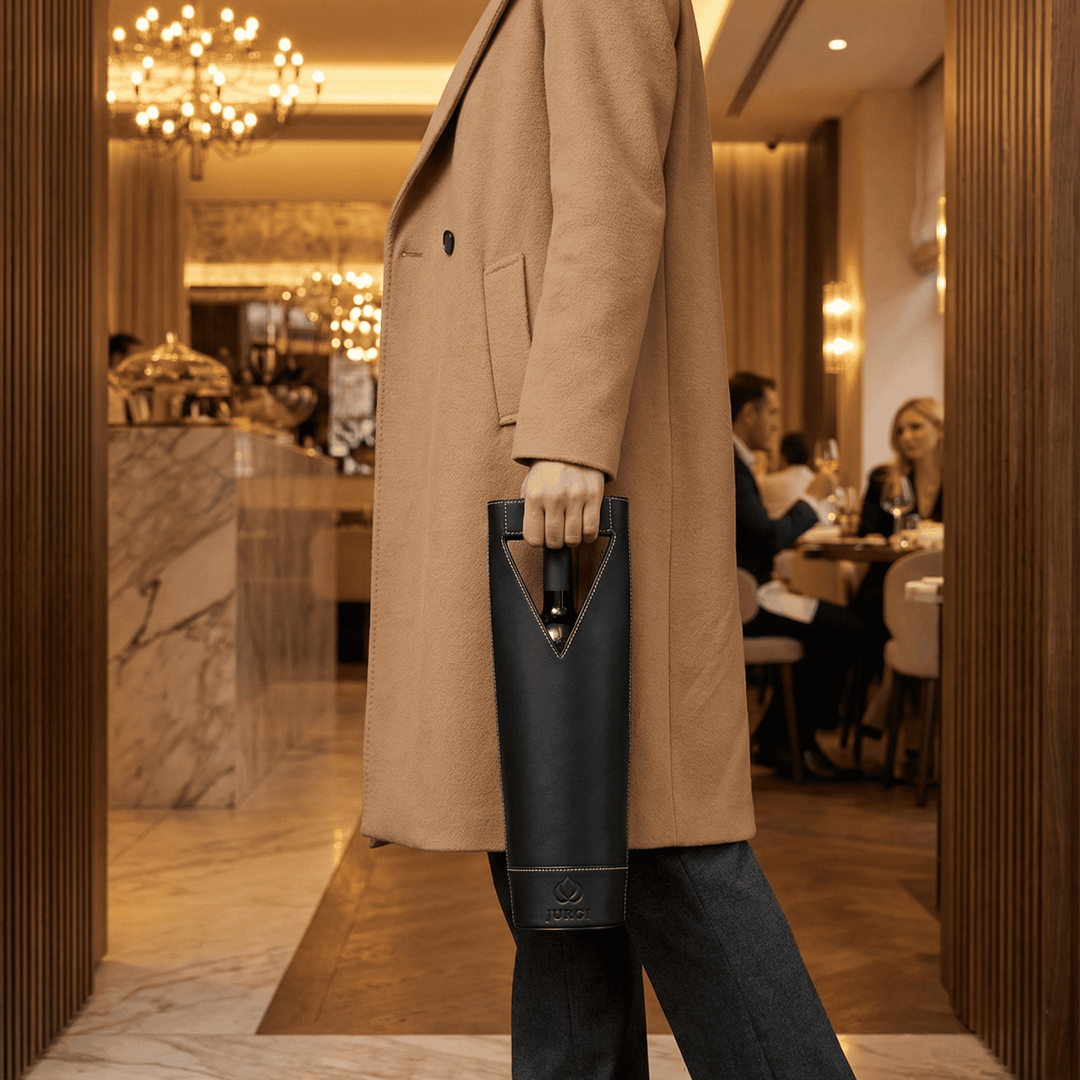 Person holding a black wine bottle holder in a restaurant setting