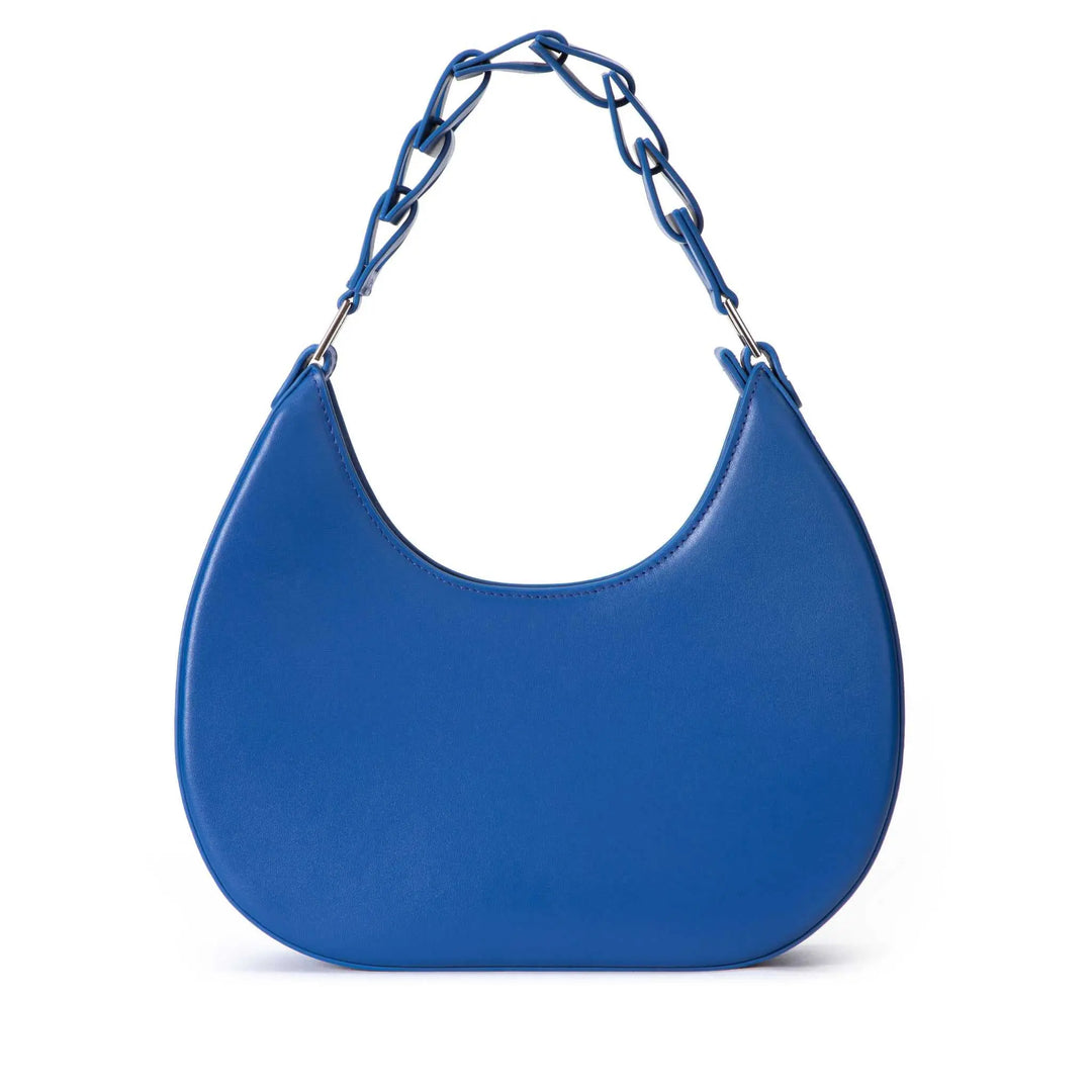 blue leather moon-shaped shoulder bag, handcrafted luxury handbag