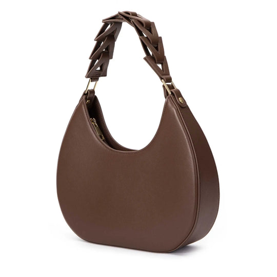 Designer brown leather shoulder bag with braided handle