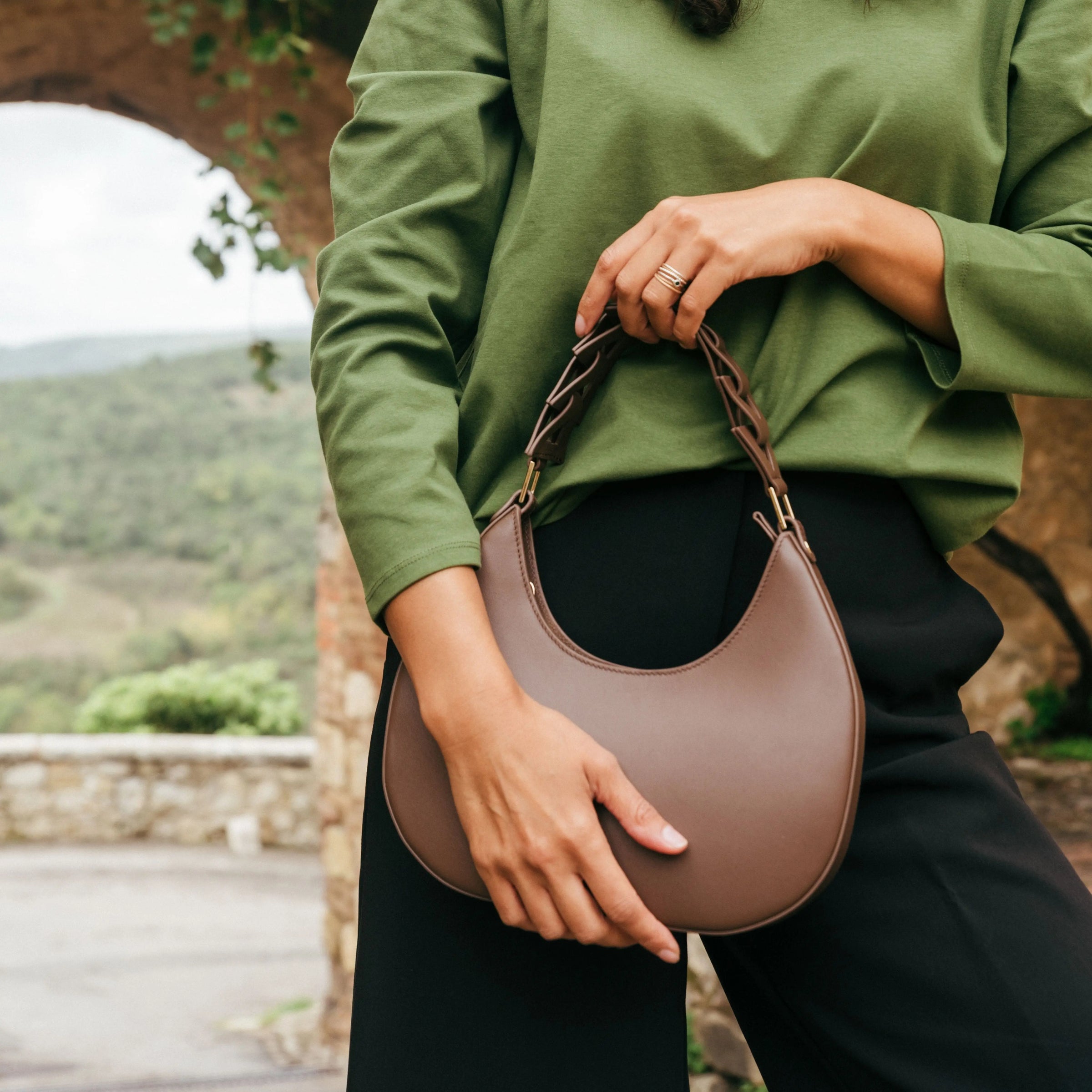 JURGI brown leather moon-shaped shoulder bag, handcrafted luxury handbag