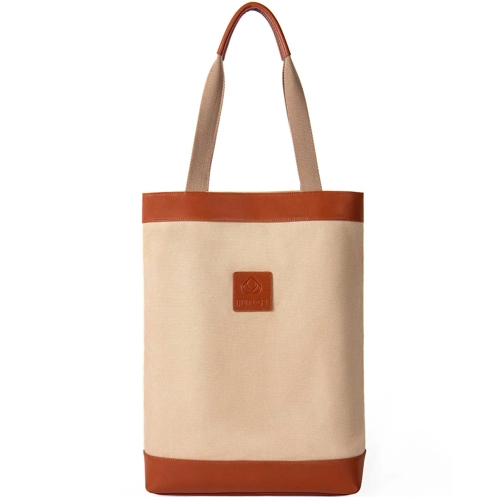 Neutral canvas tote bag with elegant leather trim