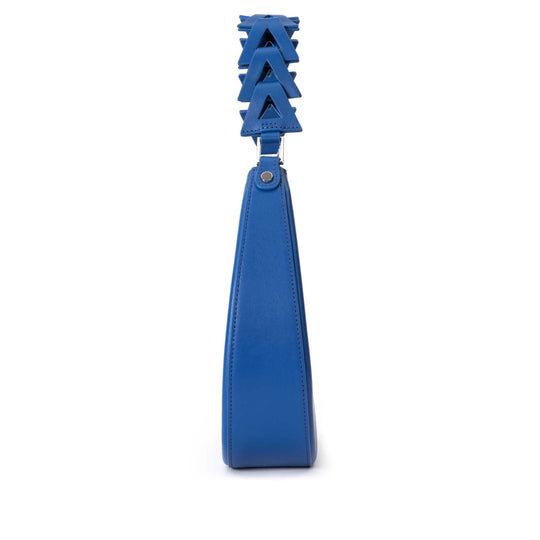 Luxury moon-shaped blue leather tote, JURGI handcrafted bag