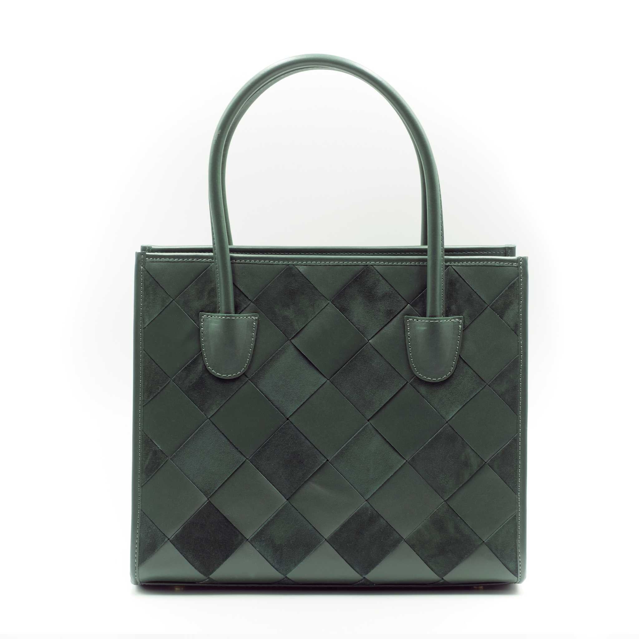 Green woven suede and leather tote bag