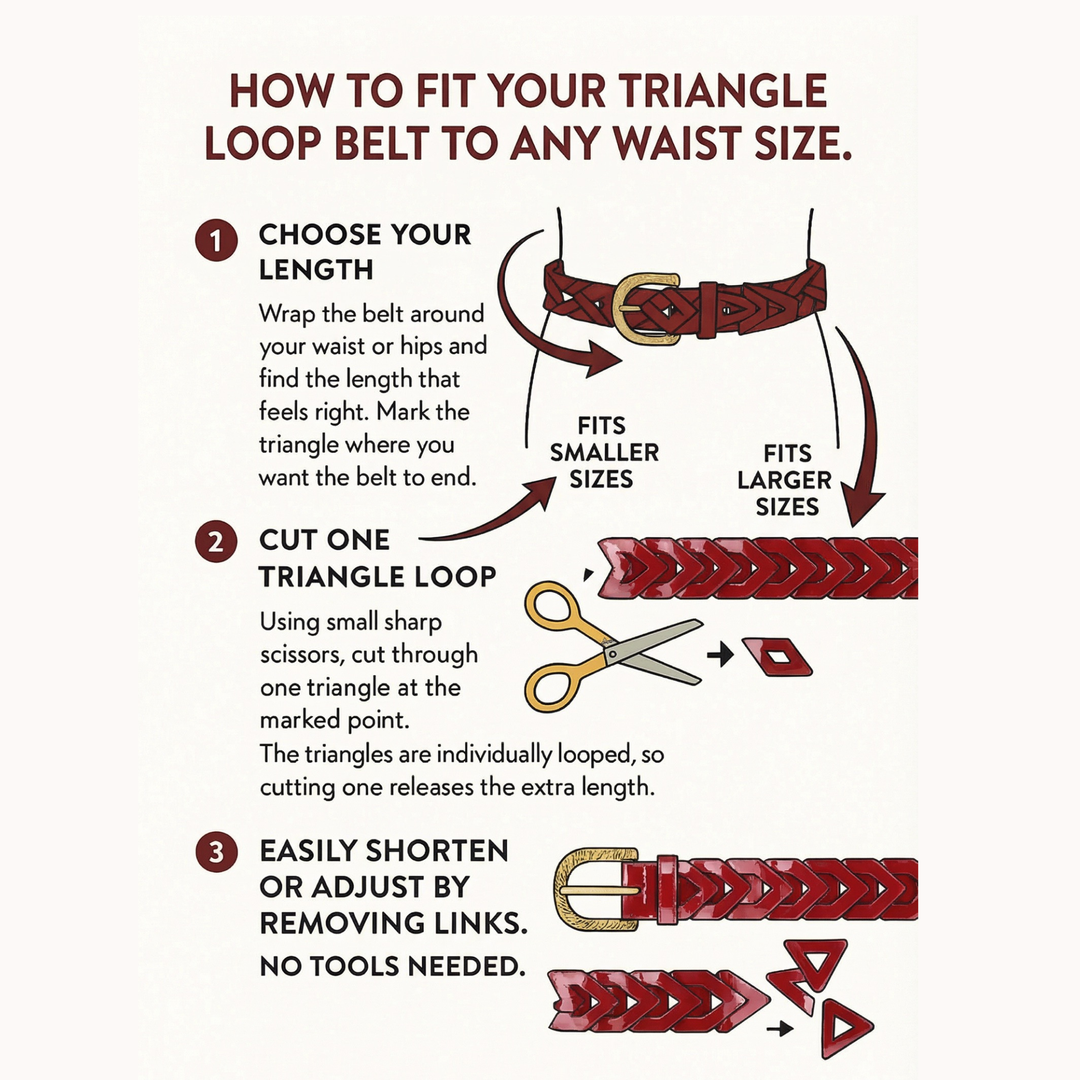 Instructions on how to fit a triangle loop belt to any waist size with illustrations and text.