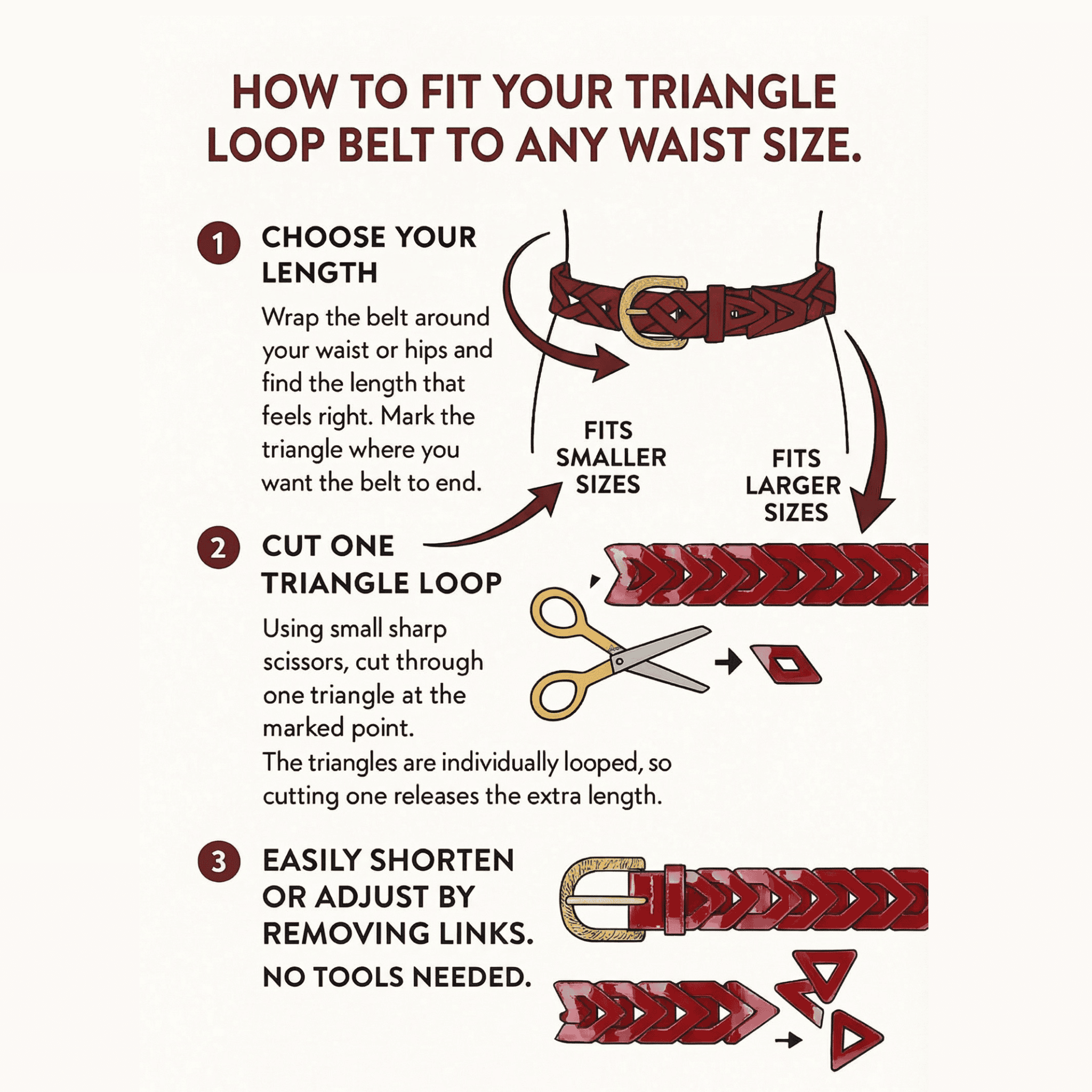 Instructions on how to fit a triangle loop belt to any waist size with illustrations and text.