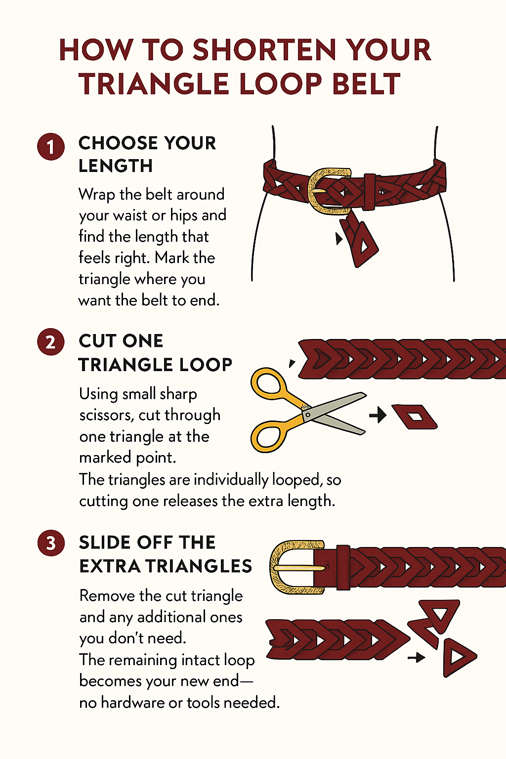 Instructions on how to shorten a triangle loop belt with illustrations and text.