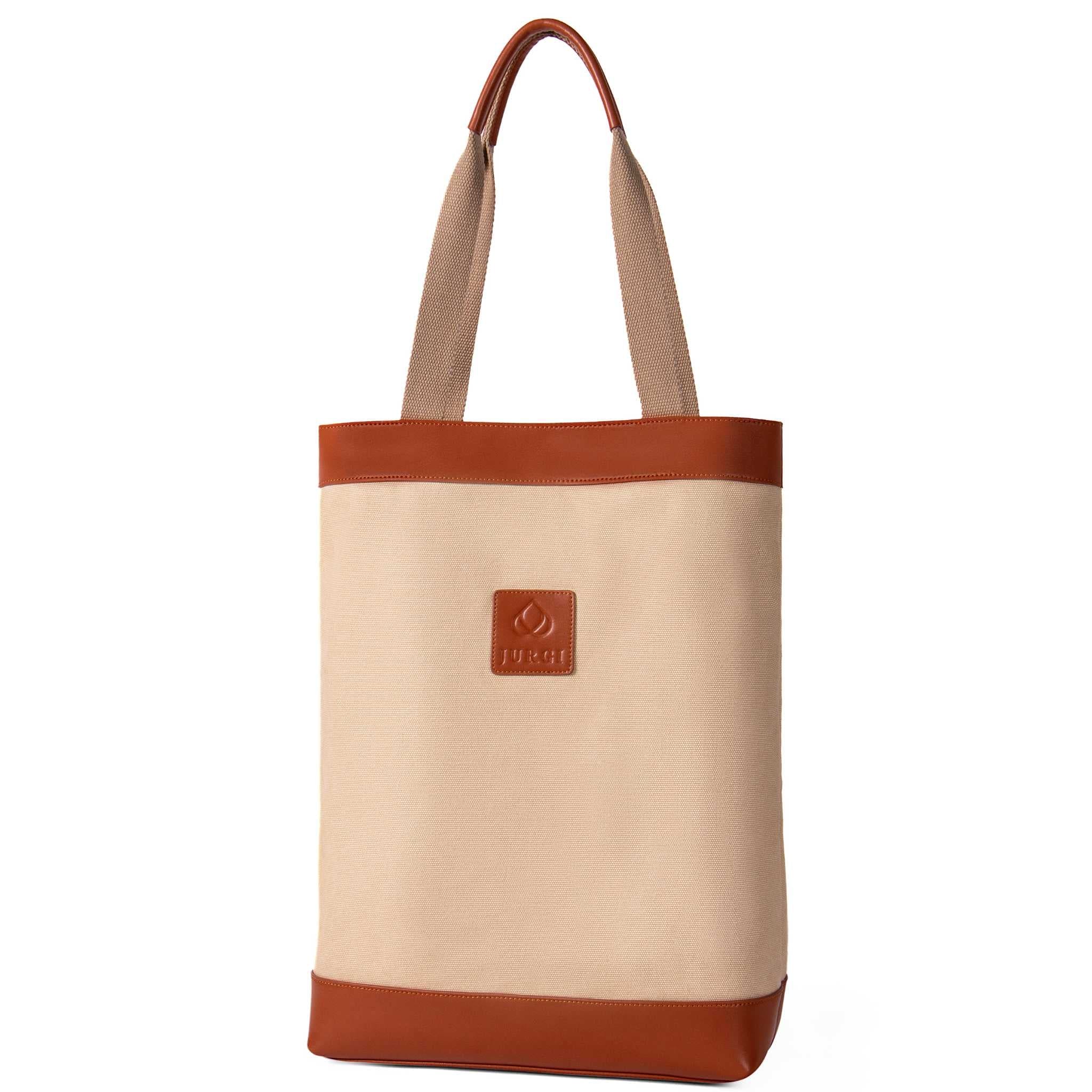 JURGI canvas carryall tote bag with brown leather trim, handcrafted design