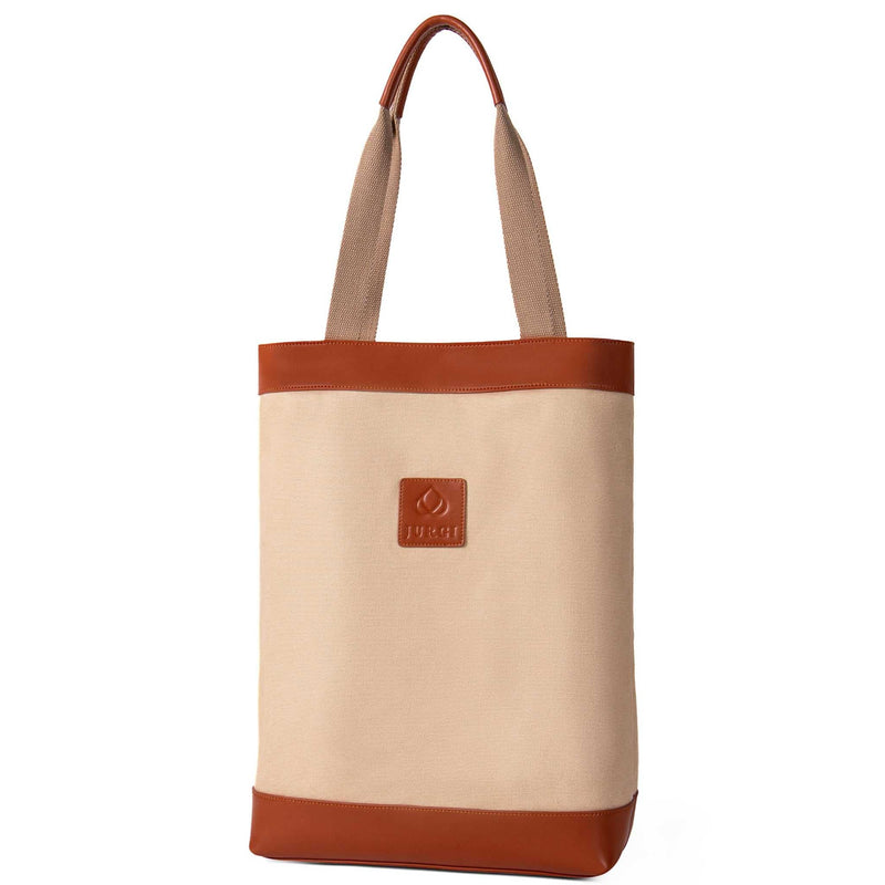 JURGI canvas carryall tote bag with brown leather trim, handcrafted design