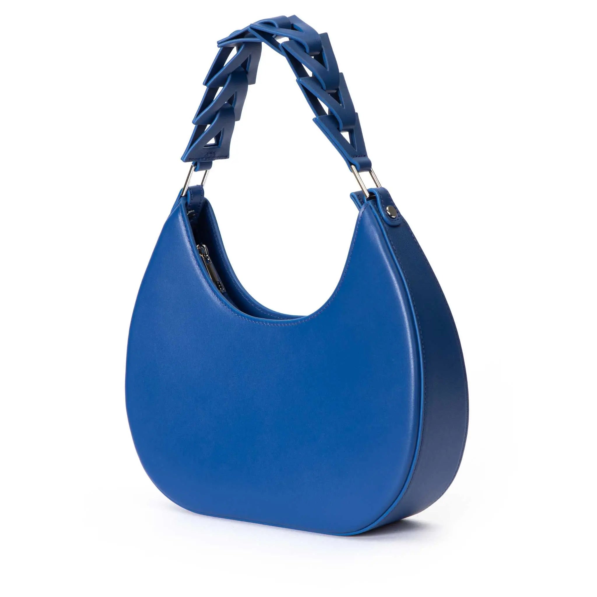 Elegant blue leather shoulder bag with unique D-Letter design