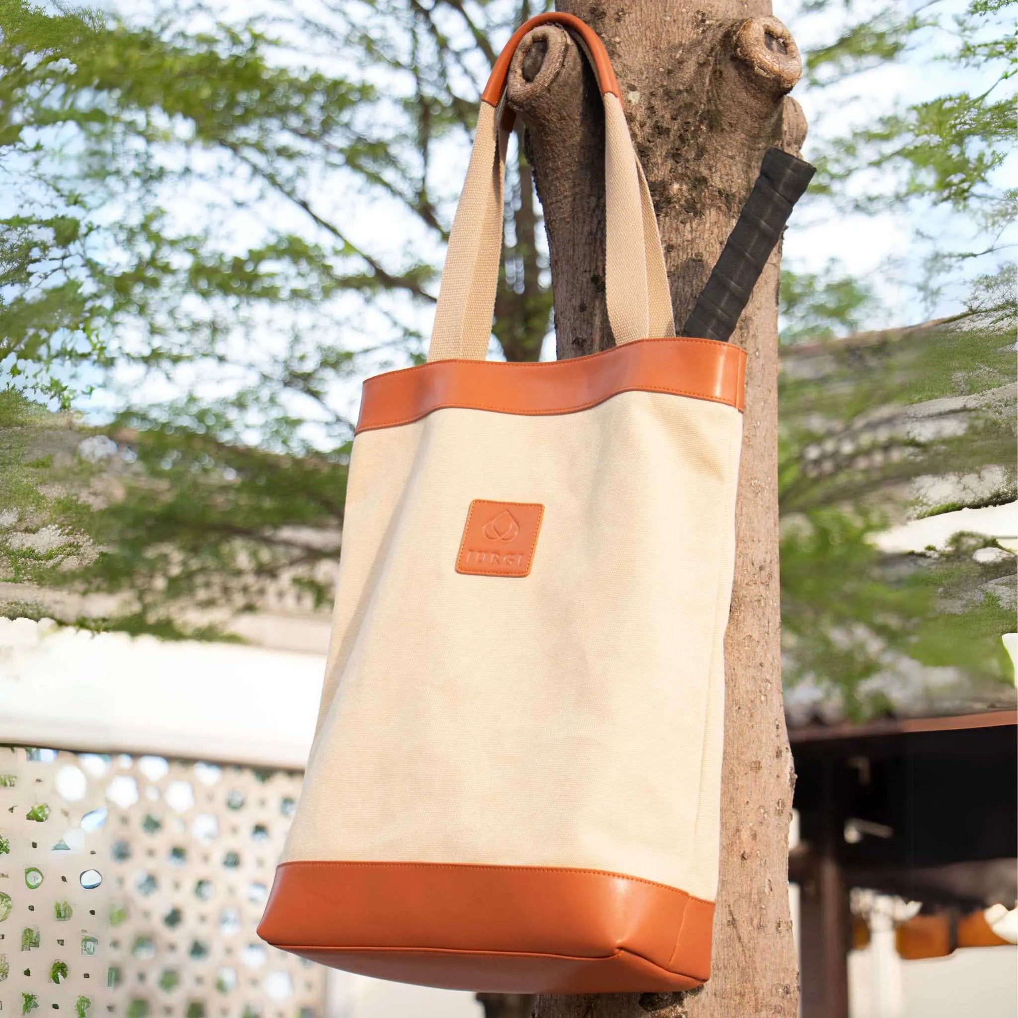 Handcrafted canvas and leather carryall tote
