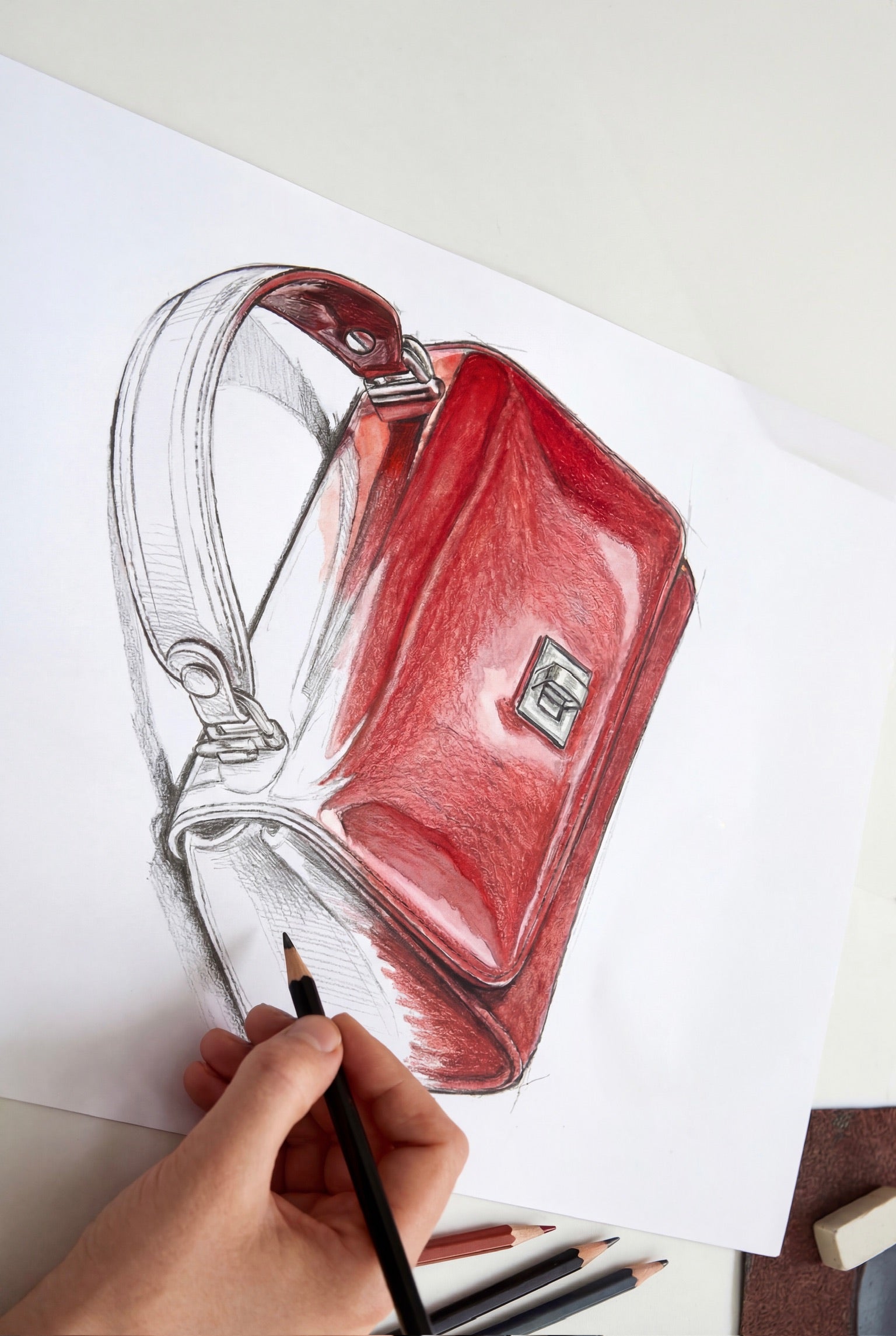A hand is drawing a realistic sketch of a shiny red handbag on white paper using colored pencils.
