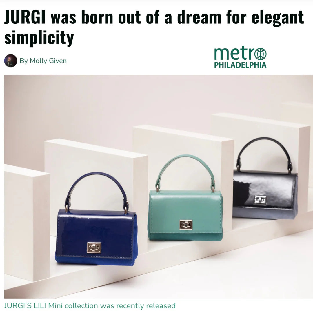 Three handbags displayed on a white shelf with 'metro Philadelphia' branding.