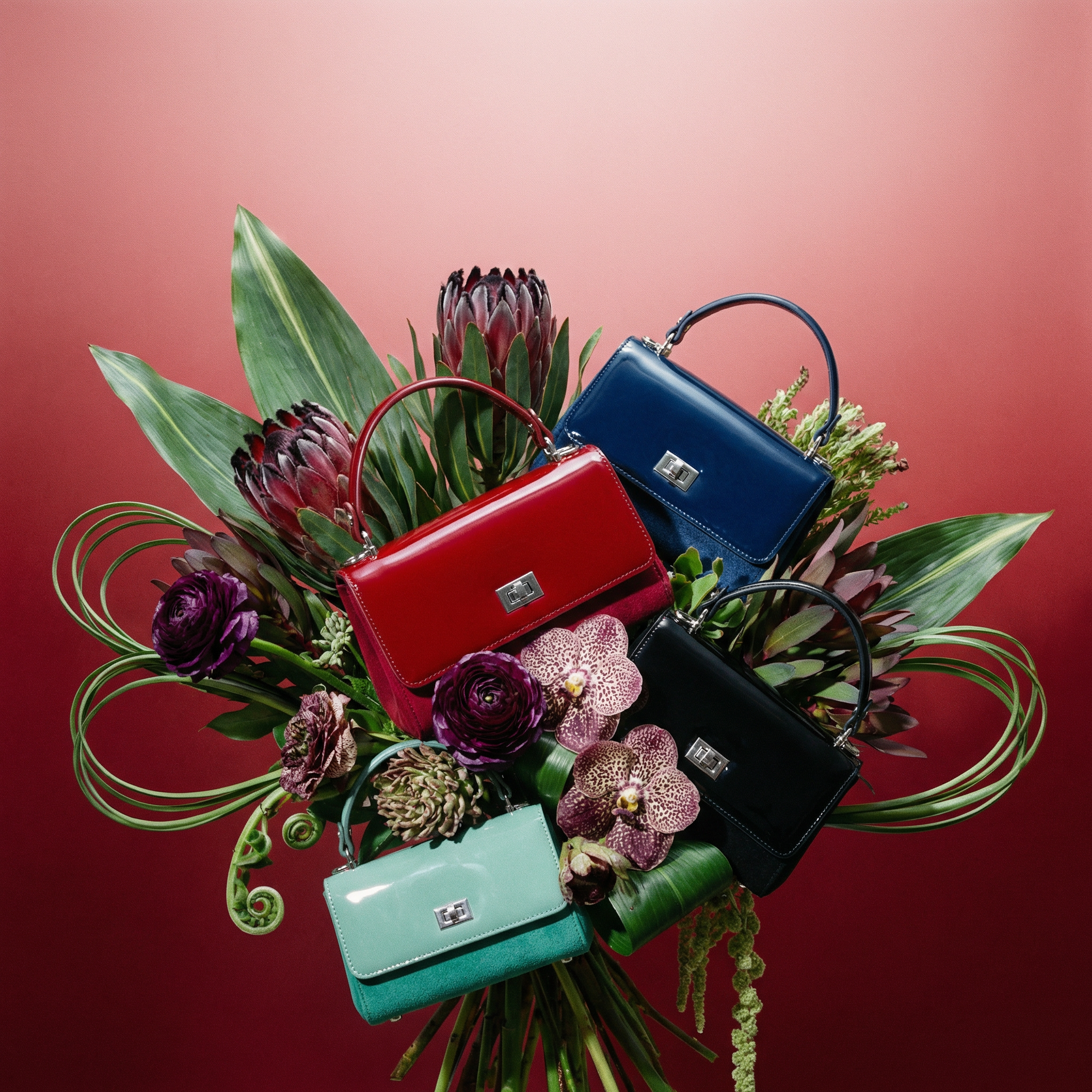 Colorful handbags arranged among flowers on a red background