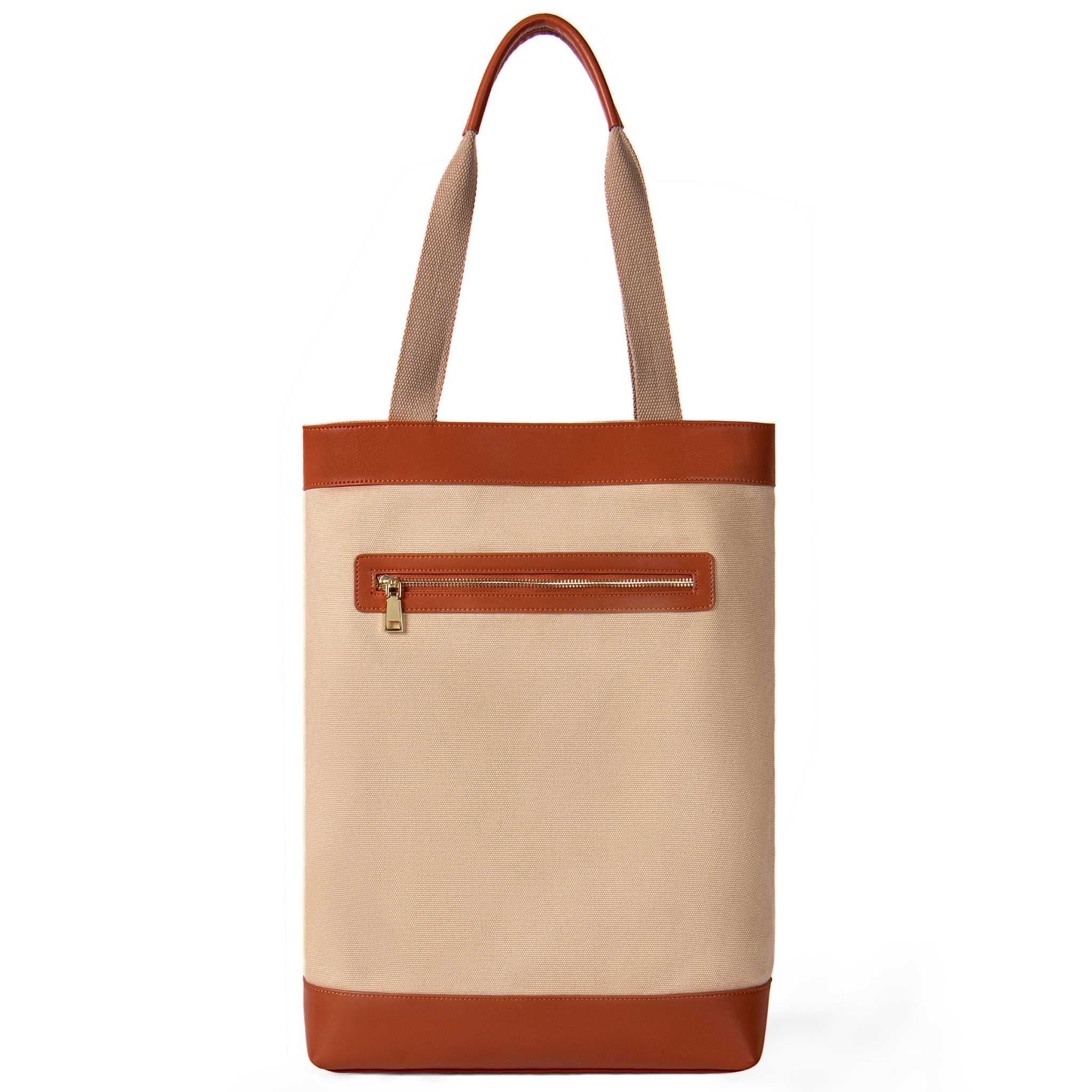 Spacious canvas shoulder tote with brown leather accents