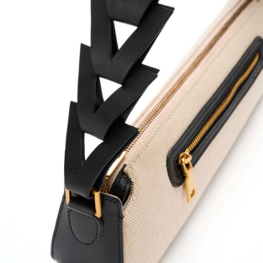 Luxury canvas purse with black leather strap, handcrafted by JURGI