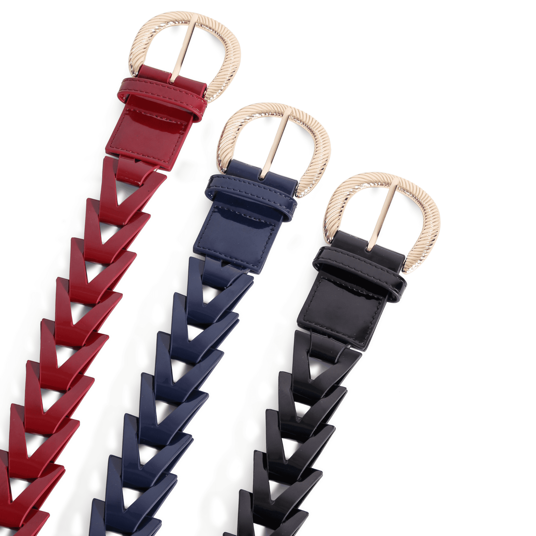 Three belts with geometric designs in red, blue, and black on a white background