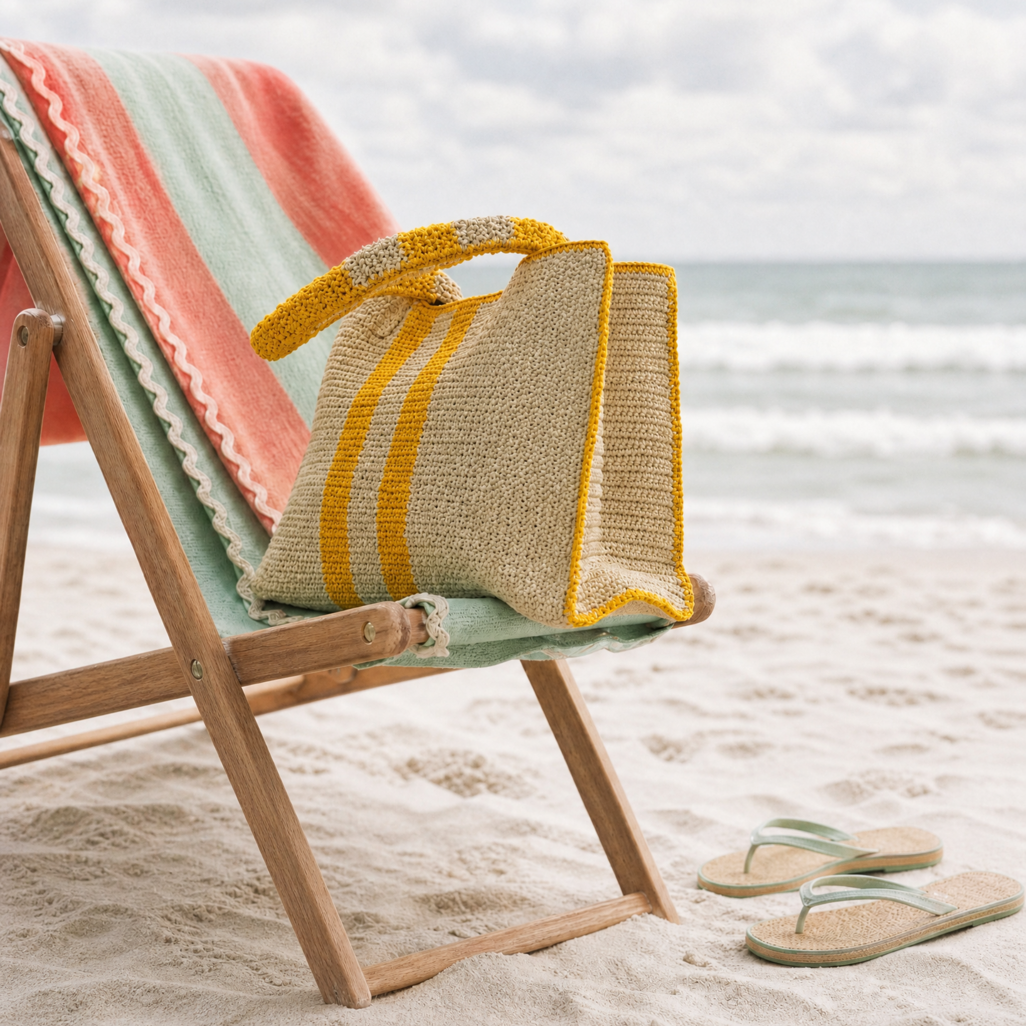Woven beige tote bag with yellow stripes and trim, placed on a wooden beach chair with a pastel striped towel.